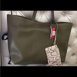 Olive Green Tote Bag with Snake Print Pouch